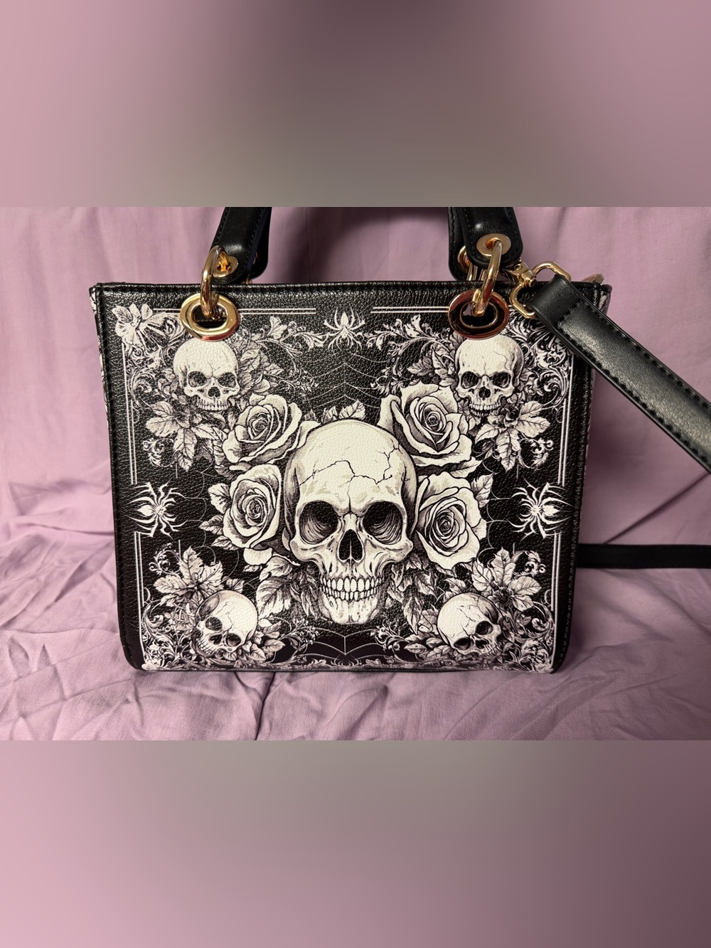 Black and White Skull Floral Crossbody Bag with Matching Wallet